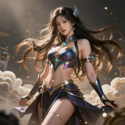 a beautiful female goddess of the thieves character, character is in all its glory, character is in her natural relaxed pose, rim lights, particles and dust in the air, fancy clouds, highly detailed professional photo, dynamic lights, particles are flying, depth of field, trending on artstation, professional illustration, hyper realistic, vray caustics, super detailed, colorful accents, cinematic shot