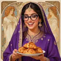 hyperdetailed portrait of a hyderabadi female in a purple kimono wearing cateye glasses laughing at plate of croissants in her hand, digital painting, artstation hq, sharp focus illustration, intricate, elegant. wlop, artgerm, greg rutkowski, alphonse mucha, medium shot. dan mumford, tomokazu matsuyama, takato 4 yamamoto