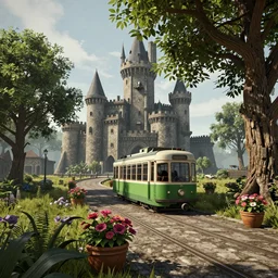 Location : unusual castle grounds at the base of a tree Details to include : * gas mask * tram lines * flower pots unreal 5, DAZ, hyperrealistic, octane render, dynamic lighting