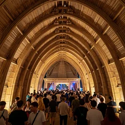 inside small pavilion made of bamboo. complex curved vaulting structure. a large crowd at a party. architectural photography. andreas gursky, 4 k, 8 k. volumetric lighting.