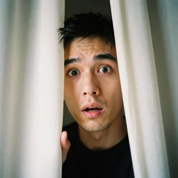 close-up photo of a frightened man who peeks through a curtained window, Kodak Ektar 100 film