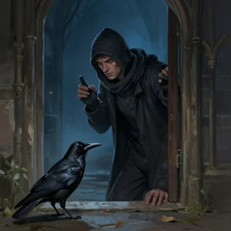 a thief and his pet crow sneaking into a reliquary at night, digital painting, artstation, sharp,