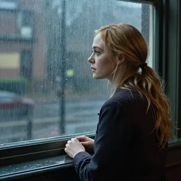 Elle Fanning in front of a window watching the rain, by Edward Hopper, Extremely detailed. 8K. Award winning.