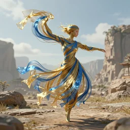 a dancing humanoid has a body made of millions of thin ribbons and threads of translucent gold and blue fabric that are twisting, swirling, unraveling, and pulling apart in the wind of an ancient landscape, realistic fantasy character, unreal engine