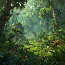a beautiful matte painting of a jungle location filled with green foliage and misty undergrowth, inhabited by various types of animal life and magical plants, by Christophe Vacher and Bastien Lecouffe-Deharme, trending on artstation, vivid color scheme,wide angle,highly detailed,v-ray render,photorealistic,4k render