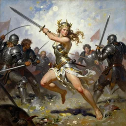 an oil painting of the Goddess of war running into battle holding a sword, by Frank Frazetta, Greg Rutkowski, Boris Vallejo, epic fantasy character art, Exquisite detail, elven armor, post-processing, low angle, masterpiece, cinematic