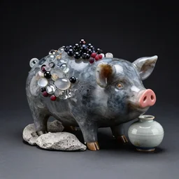 a pig and berry sculpture, obsidian and glass and pumice and japanese glazed pottery, black background, zen,