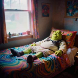 agfa vista 4 0 0 photograph of a cluttered 9 0 s teenagers psychedelic 1 9 6 7 rock hippie bedroom, shrek on bed, waves ripple color light, synth vibe, window, bed, surrealistic pillow, blur, lsd color patterns, vaporwave colors, lens flare, moody lighting, telephoto, lsd vibe, blurry background, grain, tranquil, calm, lsd hallucinations