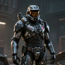a photo of a scifi black halo spartan covered in old torn stickers, unreal engine, raytracing,