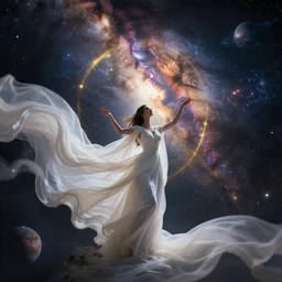 goddess is having an existential crisis when she saw how vast the colorful galaxy is, gracefully flowing billowing white silk, golden ratio, milky way, stars and planets, cinematic, dark 8 k render