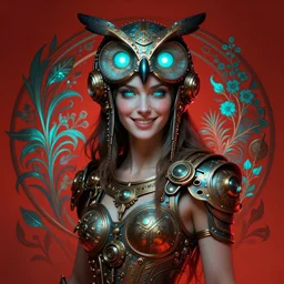 the goddess artemis smirking, owl helmet, full body shot, steampunk, glowing eyes, volumetric lights, red and cyan theme, art nouveau botanicals, intricate, highly detailed, digital painting, artstation, concept art, smooth, sharp focus, cinematic, illustration, beautiful face, art by artgerm and greg rutkowski and alphonse mucha