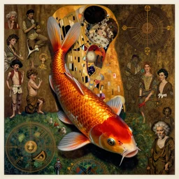 hyper realistic tattoo illustration of a singlr koi fish, in the style of austin osman spare, wayne barlowe, gustav moreau, goward, gaston bussiere and roberto ferri, santiago caruso, bouguereau, klimt, saturno butto, sorayama. occult art, alchemical diagram