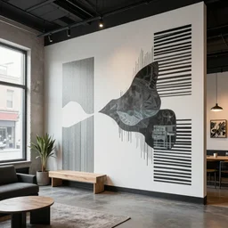 trendy downtown loft with modern murals on the wall, contemporary art, and patterns, interior design, beautiful architecture