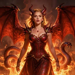 female demon portrait of scarlett johansson as queen of hell and dragons, fire and flame, big long serpent dragon octopus, Pixar style, by Tristan Eaton Stanley Artgerm and Tom Bagshaw.