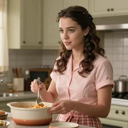 mila kunis intricate face portrait of perfect 1 9 4 0 s suburban house wife cooking a meal in 1 9 4 0 s kitchen, ben ross