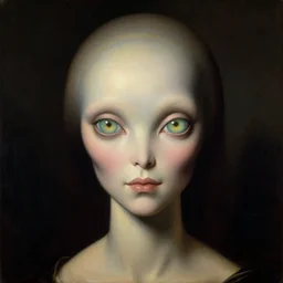 portrait painting of an elegantly beautiful alien woman with big glowing eyes, by norman rockwell. muted colors, soft gradients. baroque period, renaissance masterpiece. dark background. trending on artstation. retrofuturism.