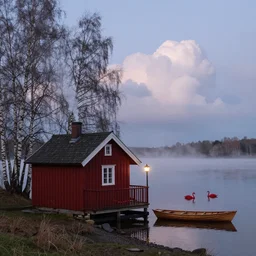 small red wooden cottage by the lake, lanterns on the porch, smoke coming out of the chimney, dusk, birch trees, tranquility, misty, two red swans on the lake, a wooden rowing boat, cumulus clouds, by charlie bowater, by greg rutkowski