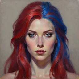 a detailed matte oil on canvas head on symmetrical portrait of a distinguished elven woman with separated red and blue hair ( ( ( ( ( makeup ) ) ) ) ) by charlie bowater and lise deharme wlop, trending on artstationhd, dungeons and dragons art critical role, half and half hair dye, split hair dye, two tone hair dye, hair heterochromia