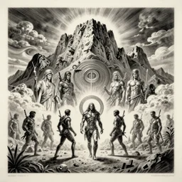 psychedelic cyberpunk entrance to Mount Olympus, pencil on paper | bauhaus poster style.