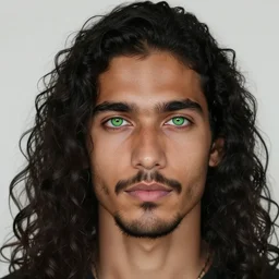 handsome!! hyper realistic man with long black curly hair, tan skin, ( ( ( grassy ) ) ) colored iris ', green eyes!!!, anchor goatee, vampire teeth | art by hirohiko araki & jean giraud & artgerm