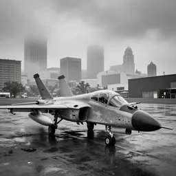 black and white photograph of a crashed military jet in downtown kansas city missouri, rainy and foggy