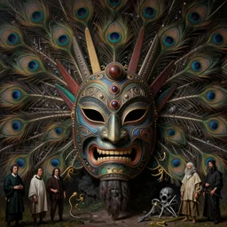 hyper realistic painting of tribal peacock mask by wayne barlowe, beksinski, hr giger, austin osman spare, bussiere, roberto ferri, rembrandt, luis ricardo falero, intrincate ornaments, occult art