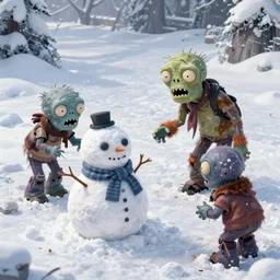 high angle shot of a cute zombie building a snowman in the winter, high angle shot, highly detailed, smooth, beautiful, sharp focus, digital painting by greg hildebrandt, tim hildebrandt, greg rutkowski, artgerm