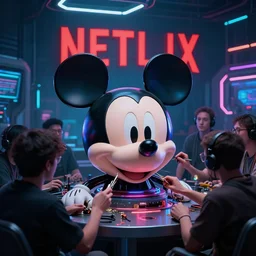 the cyber head of mickey mouse repaired by a group of people in hangar room, a netflix logo!!!!!!!! on the background, cyberpunk art by syd mead, cgsociety, retrofuturism, concept art, neon light, 1 8 mm lens