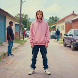 still from music video of hunter schafer from die antwoord standing in a township street, wearing a hoodie, street clothes, full figure portrait painting by martine johanna, craig mullins, wadim kashin, pastel color palette, 2 4 mm lens