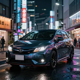 close up macro shot of a ae 8 6 car on wet tokyo street at night, intricate, hyper detailed, smooth, high contrast, neon, volumetric lighting, octane, moebius, greg rutkowski, blade runner, ridley scott, cinematic
