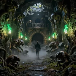 lovecraftian dungeon with creatures crawling, green torches on the wall, dark and dramatic lighting, fog, realistic, unreal engine