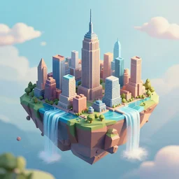 low poly art of a floating island on top of which is new york surrounded by waterfalls, in the sky, isometric art, 3d render, ray tracing, high detail, artstation, concept art, behance, smooth, sharp focus, ethereal lighting, unreal engine 5