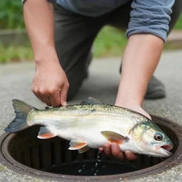 close up portrait of a man pulling up a large fish from a manhole in a new york street, photograph, natural light, sharp, detailed face, magazine, press, photo, steve mccurry, david lazar, canon, nikon, focus