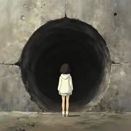 masamune shirow, ghibli, miyazaki movie scene, vanishing point, focal point, ultra wide, brutalist, white hoodie girl outside a large dark hole in the side of a concrete wall, overexposed, dappled light, long dark shadows, black depths, posters, notices, graffiti, banners, police tape, junk, overgrown, spiderwebs