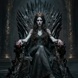 masterpiece concept art of a beautiful brunette woman with pale skin and a crown on her head seated on an intricate shadow throne, a beautiful highly detailed fae lady, extremly emotional, cinematic moody colors, realistic shaded lighting poster by ilya kuvshinov, magali villeneuve, artgerm, jeremy lipkin and michael garmash and rob rey