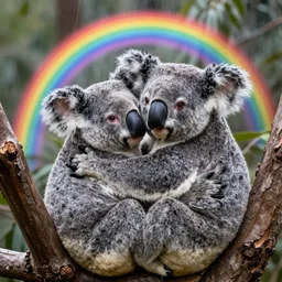 two koalas hugging real life with rainbows