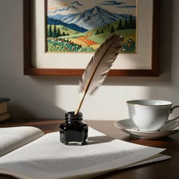 quill pen in ink jar on desk with papers, teacup and saucer, afternoon light, framed embroidery on wall
