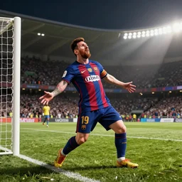 anime soccer player scores goal like lionel messi, hyper realism, octane render