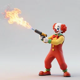 photo of a clown using a flamethrower projecting a long bright flame towards a fire
