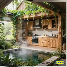 IKEA catalogue photo, high end farm house style kitchen, an indoor pond, dust, organic, vines, wooden, overgrown, water feature, by Beksiński