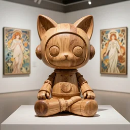 8k octane render ultra photorealistic detailed a wooden sculpture ,art toys on feet ,very cute robot mythic with cat ears zen meditation synth punk a on contemporary art gallery and néo Paris by Alphonse Mucha and Artgerm