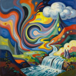 A wild, insane, modernist landscape painting. Wild energy patterns rippling in all directions. Curves, organic. Saturated color. Mountains. Clouds. Rushing water. Wayne Thiebaud.