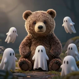 a frightened plushie bear, with some cute ghosts around