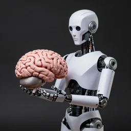 papier - mache cyborg holding a mechanical brain. studio lighting, canon 5 d 5 0 mm lens