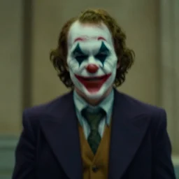 blurry film still of a man wearing a suit and a latex mask of a clown from the dark knight's bank robbery scene