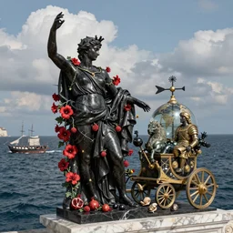 rateo, ocean, tilt shift, gulf of Naples, Pompeian, naval battle, italian masterpiece, wind, sky in background, wind rose, Ashford Black Marble, sculpture, baroque,  draped with red Hibiscus and vines and spines, marble and hint gold, stars, puffy clouds, suns, moons, drapes, dead fruits, Obsidian, pomegranade, armour, medieval globe, glass, portrait, mage, centaur, siren, lion, chariot, rabbit, snails, render, artstation, ultra detailed