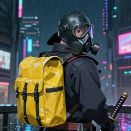 close view matte painting of a japan samurai in gasmask, with atomic yellow backpack, holding katana in right hand, cyberpunk city on the background, rainy night, neon glow concept art, smooth, sharp focus, illustration, by Makoto Shinkai, Peter Andrew Jones and Greg Rutkowski