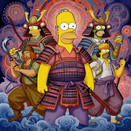 ( ( ( ( ( ( homer simpson ) ) ) ) ) samurai!!!!!!! warrior, intense intricate detail, beautiful and gorgeous design, cinematic composition, painting masterpiece by rembrandt, michelangelo, junji ito, yoji shinkawa, takehiko inoue, psychedelic imagery background, fractal clouds
