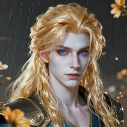 An epic fantastic realism comic book style portrait painting of Lucius the most beautiful androgynous blond prince in the universe, long fluffy light golden blond curls of hair, porcelain pale skin, flowers rain everywhere, fisheye lens, Apex Legends Concept Art, porcelain, unreal 5, DAZ, hyperrealistic, octane render, cosplay, RPG portrait, dynamic lighting