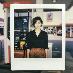 polish woman with short hair wearing an issey miyake shirt and skirt at a gas station, polaroid, by nan goldin, jamel shabbaz, gregg araki
